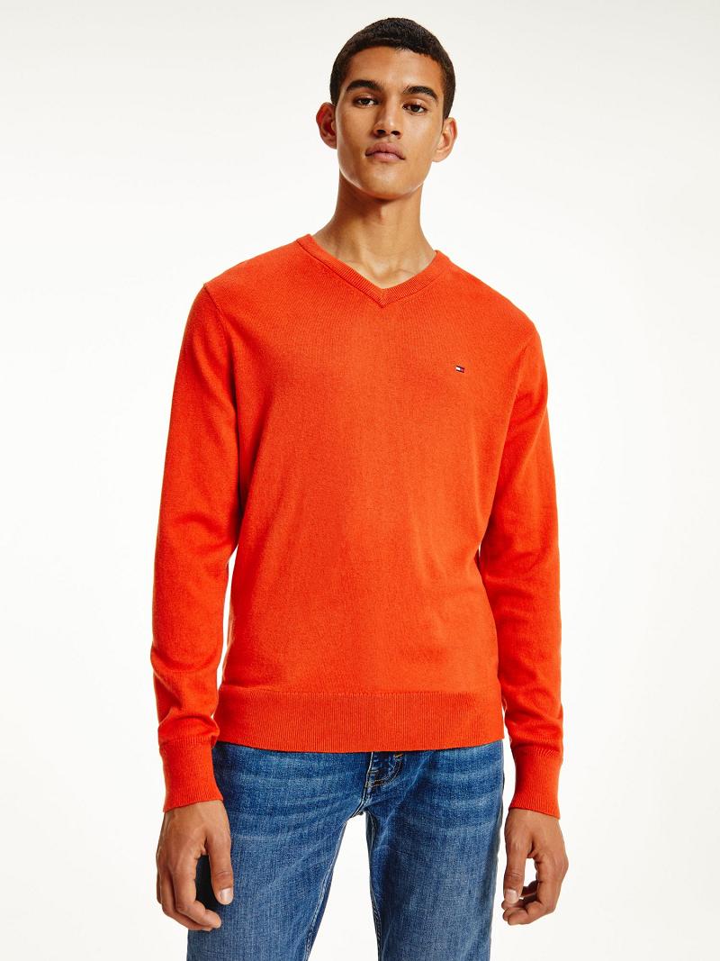 Férfi Tommy Hilfiger Pamut cashmere v-neck Pulóverek Narancssárga | HU 940OKI